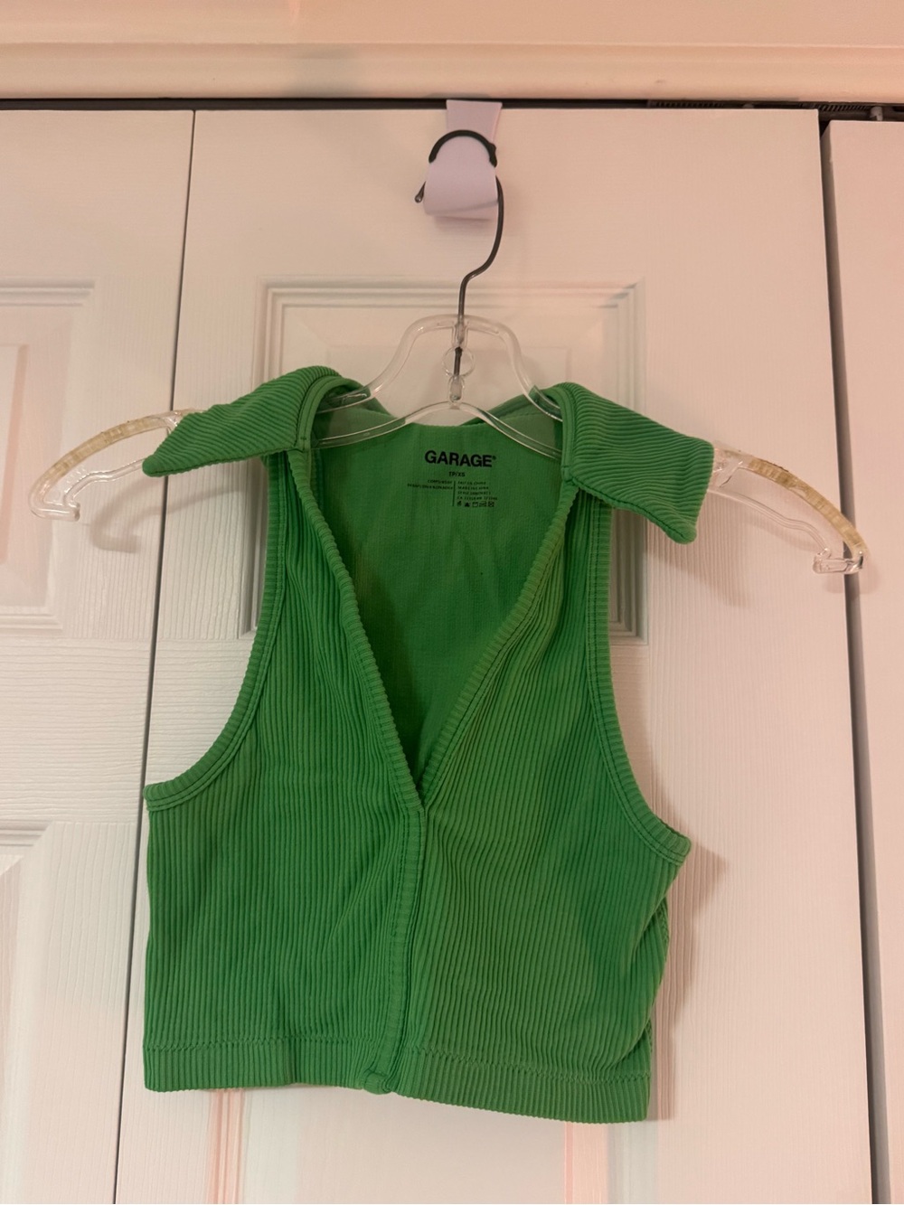 Garage Green Ribbed Collared Zip-Front Crop Tank